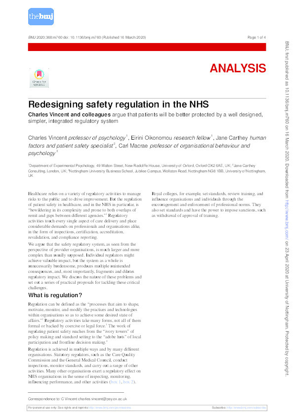 Redesigning safety regulation in the NHS Thumbnail