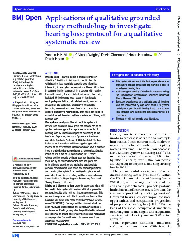  Applications of qualitative grounded theory methodology to investigate hearing loss: protocol for a qualitative systematic review Thumbnail