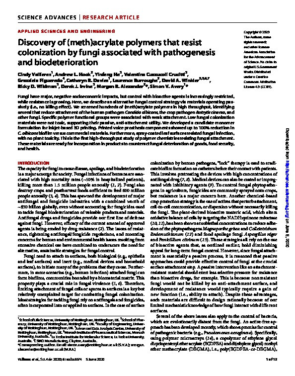 Discovery of (meth)acrylate polymers that resist colonization by fungi associated with pathogenesis and biodeterioration Thumbnail