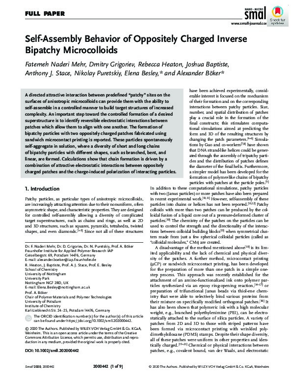 Self?Assembly Behavior of Oppositely Charged Inverse Bipatchy Microcolloids Thumbnail