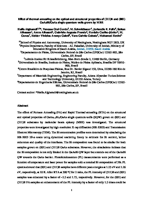 Effect of thermal annealing on the opticaland structural properties of (311)B and(001) GaAsBi/GaAs single quantum wellsgrown by MBE Thumbnail