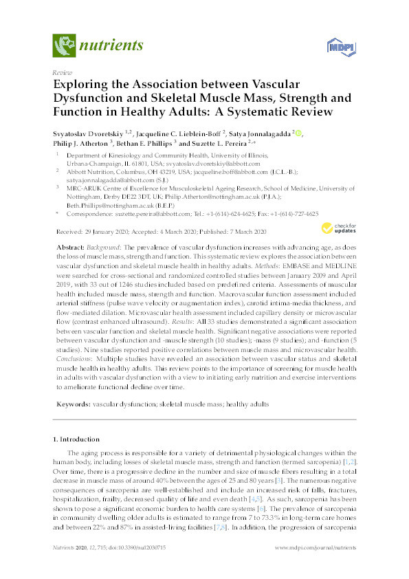 Exploring the Association between Vascular Dysfunction and Skeletal Muscle Mass, Strength and Function in Healthy Adults: A Systematic Review Thumbnail
