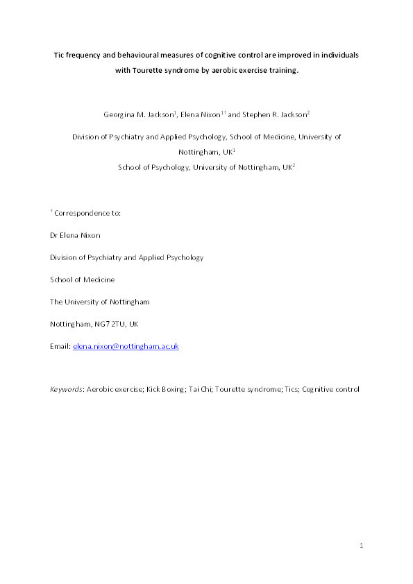 Tic frequency and behavioural measures of cognitive control are improved in individuals with Tourette syndrome by aerobic exercise training Thumbnail