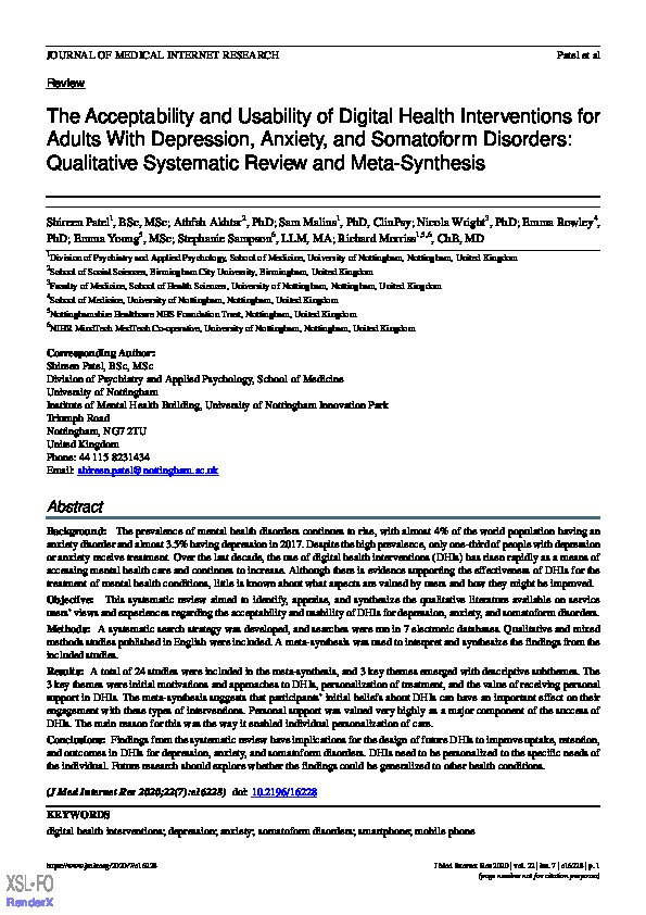 The Acceptability and Usability of Digital Health Interventions for Adults with Depressive, Anxiety and Somatoform Disorders: A Qualitative Systematic Review and Meta-synthesis Thumbnail