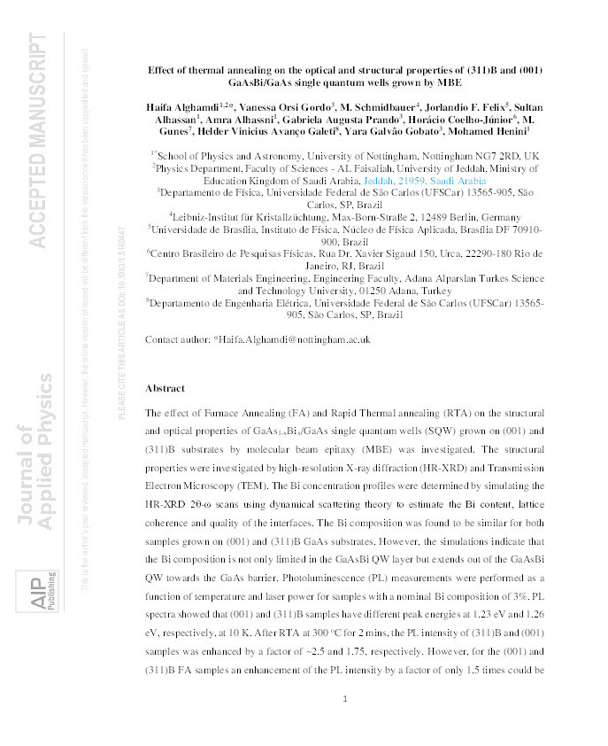 Effect of thermal annealing on the optical and structural properties of (311)B and (001) GaAsBi/GaAs single quantum wells grown by MBE Thumbnail