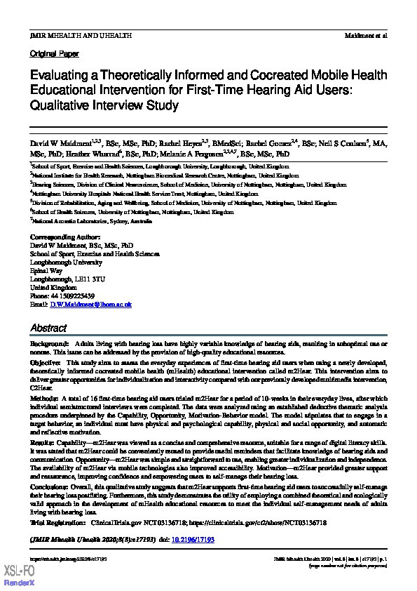 Evaluating a theoretically informed and co-created mHealth educational intervention for first-time hearing aid users: a qualitative interview study Thumbnail