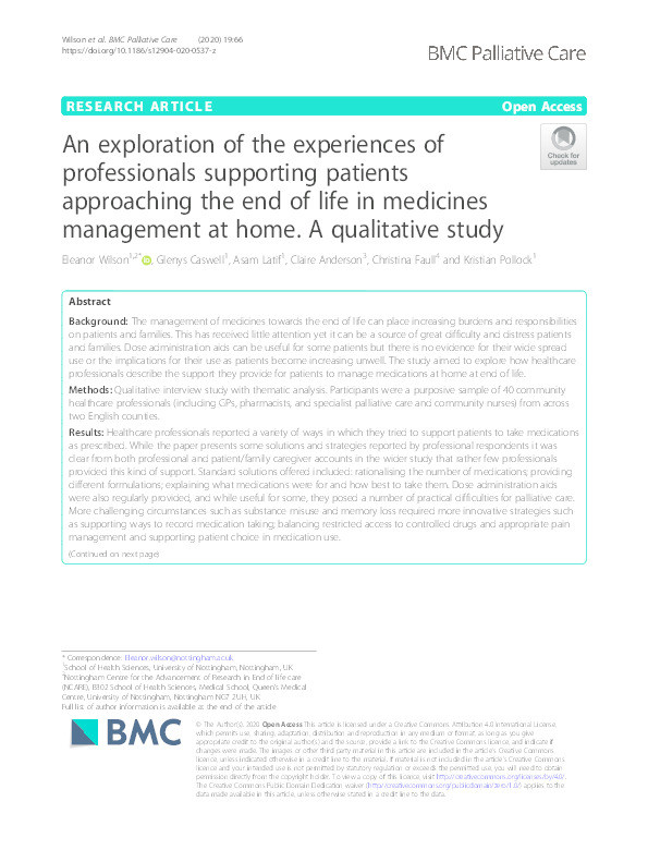 An exploration of the experiences of professionals supporting patients approaching the end of life in medicines management at home. A qualitative study Thumbnail