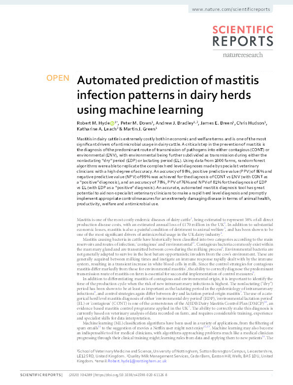 Automated prediction of mastitis infection patterns in dairy herds using machine learning Thumbnail
