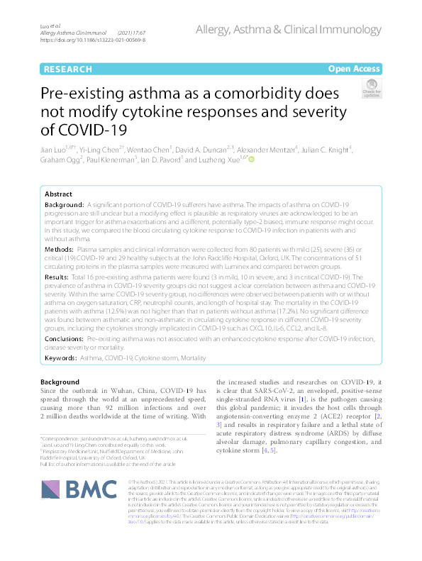 Pre-existing asthma as a comorbidity does not modify cytokine responses and severity of COVID-19 Thumbnail