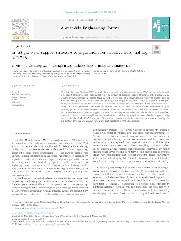 Investigation of support structure configurations for selective laser melting of In718 Thumbnail