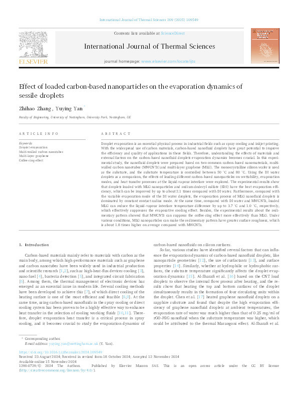 Effect of loaded carbon-based nanoparticles on the evaporation dynamics of sessile droplets Thumbnail