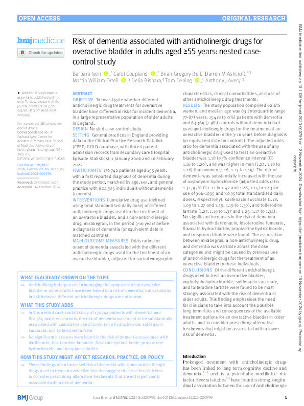 Risk of dementia associated with anticholinergic drugs for overactive bladder in adults aged ≥55 years: nested case-control study Thumbnail