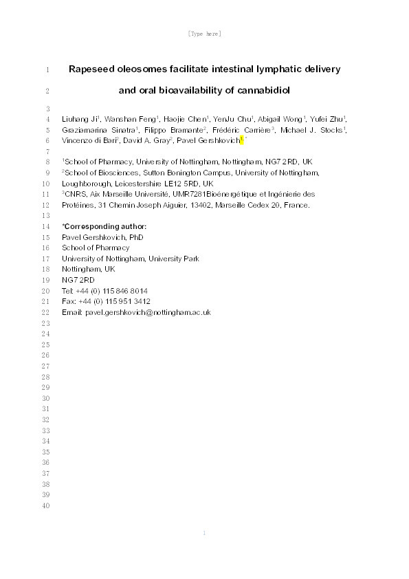 Rapeseed oleosomes facilitate intestinal lymphatic delivery and oral bioavailability of cannabidiol Thumbnail
