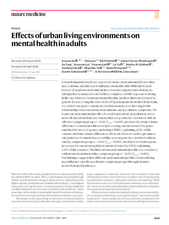 Effects of urban living environments on mental health in adults Thumbnail