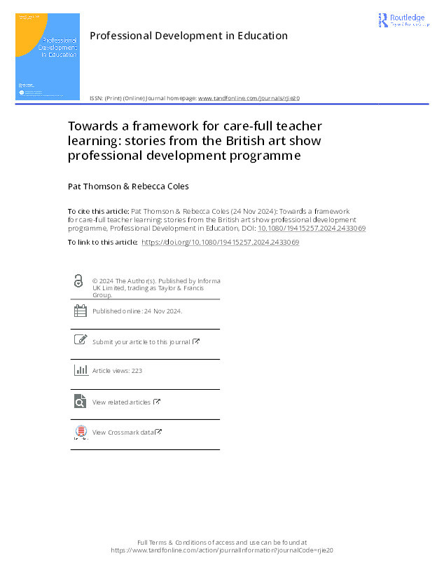 Towards a framework for care-full teacher learning: stories from the British art show professional development programme Thumbnail