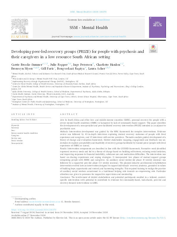 Developing peer-led recovery groups (PRIZE) for people with psychosis and their caregivers in a low resource South African setting Thumbnail