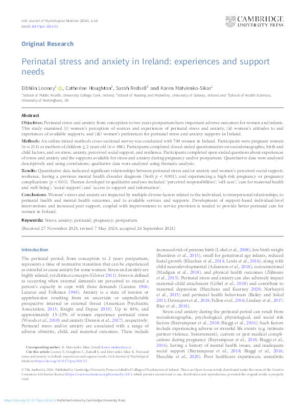 Perinatal stress and anxiety in Ireland: experiences and support needs Thumbnail