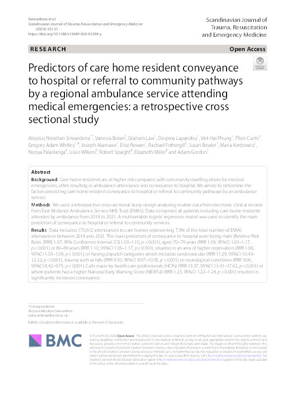 Predictors of care home resident conveyance to hospital or referral to community pathways by a regional ambulance service attending medical emergencies: a retrospective cross sectional study Thumbnail