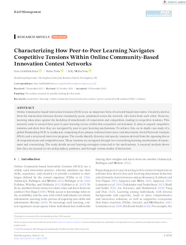 Characterizing how peer-to-peer learning navigates coopetitive tensions within Online Community-based Innovation Contest networks Thumbnail