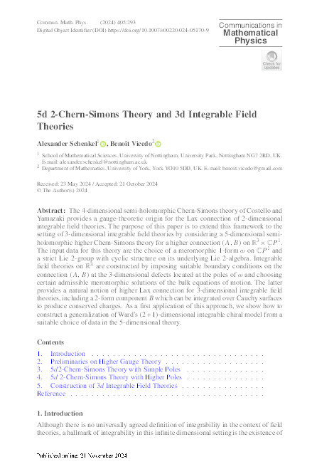 5d 2-Chern-Simons Theory and 3d Integrable Field Theories Thumbnail