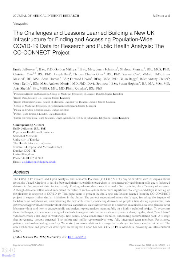 The Challenges and Lessons Learned Building a New UK Infrastructure for Finding and Accessing Population-Wide COVID-19 Data for Research and Public Health Analysis: The CO-CONNECT Project Thumbnail