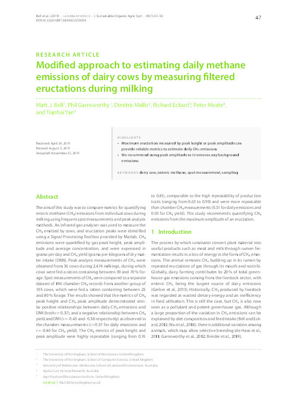 Modified approach to estimating daily methane emissions of dairy cows by measuring filtered eructations during milking Thumbnail