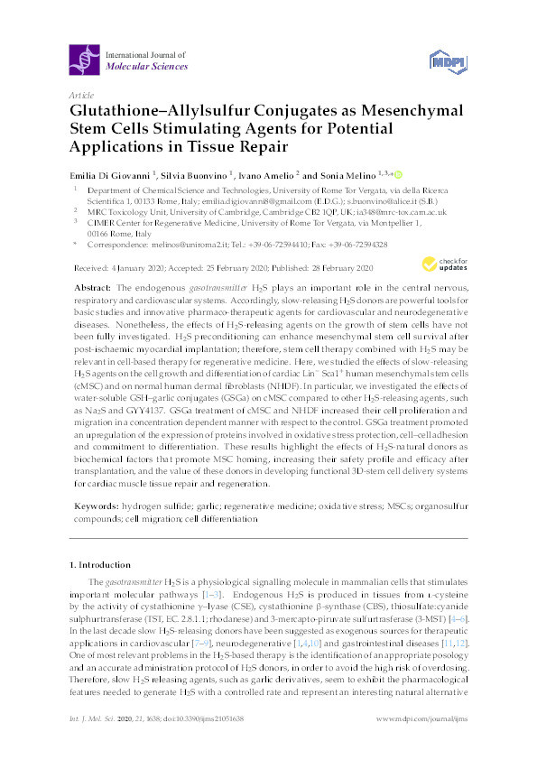 Glutathione–Allylsulfur Conjugates as Mesenchymal Stem Cells Stimulating Agents for Potential Applications in Tissue Repair Thumbnail