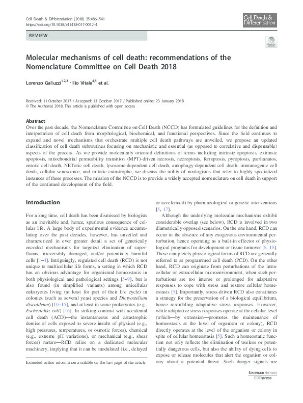 Molecular mechanisms of cell death: recommendations of the Nomenclature Committee on Cell Death 2018 Thumbnail