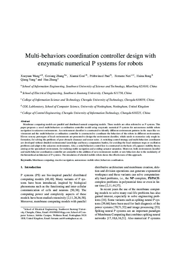 Multi-behaviors coordination controller design with enzymatic numerical P systems for robots Thumbnail