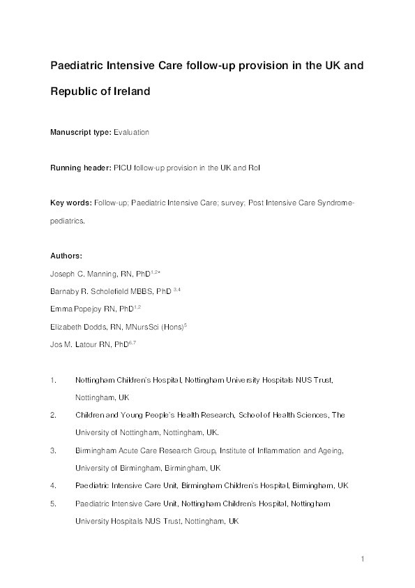 Paediatric intensive care follow-up provision in the United Kingdom and Republic of Ireland Thumbnail