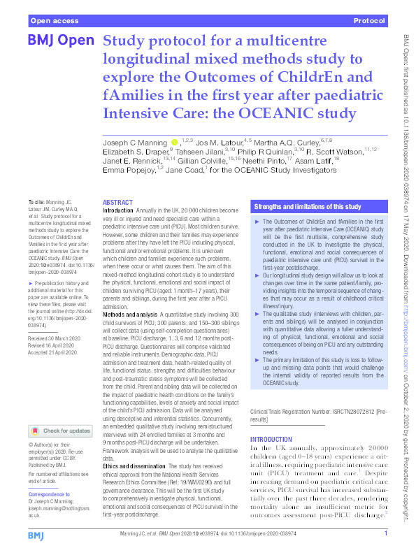 Study protocol for a multicentre longitudinal mixed methods study to explore the Outcomes of ChildrEn and fAmilies in the first year after paediatric Intensive Care: the OCEANIC study Thumbnail