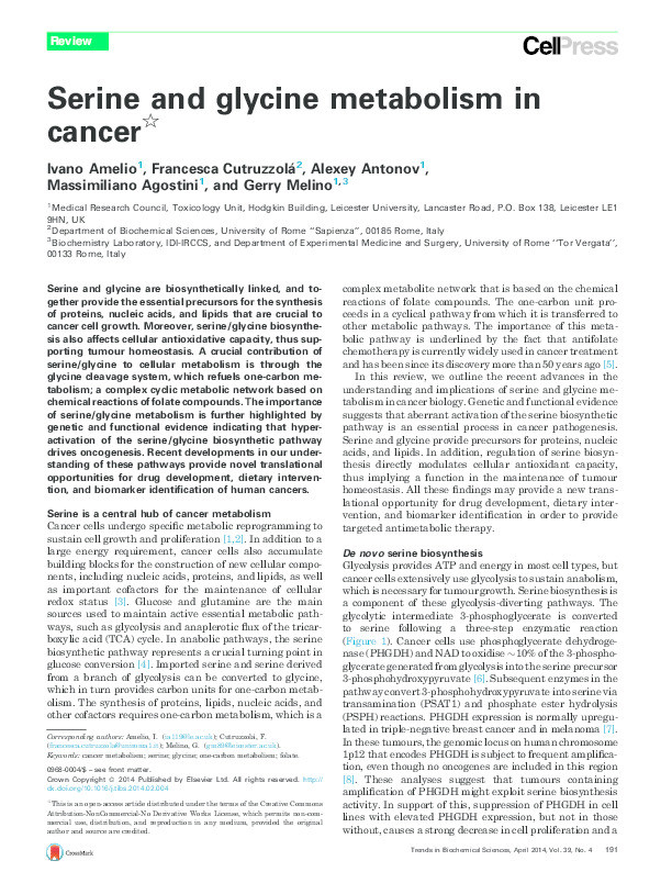 Serine and glycine metabolism in cancer Thumbnail