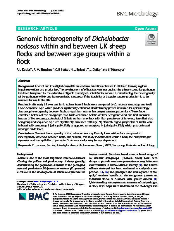 Genomic heterogeneity of Dichelobacter nodosus within and between UK sheep flocks and between age groups within a flock Thumbnail