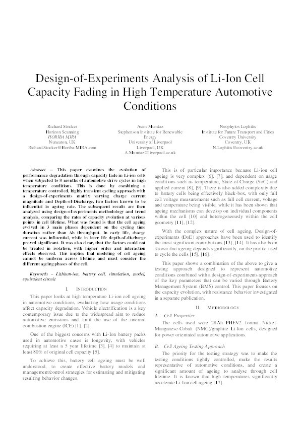Design-of-Experiments Analysis of Li-Ion Cell Capacity Fading in High Temperature Automotive Conditions Thumbnail