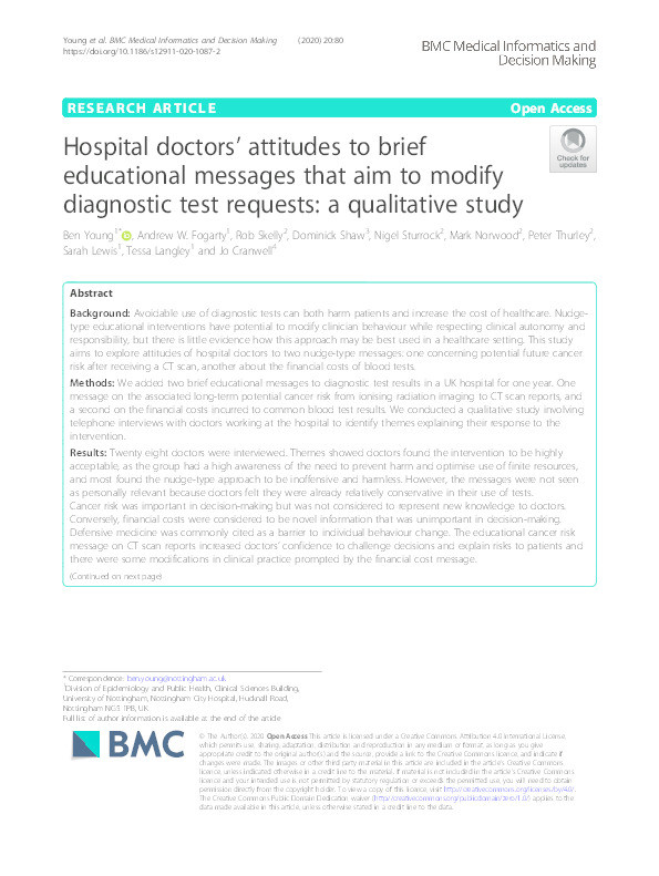 Hospital doctors’ attitudes to brief educational messages that aim to modify diagnostic test requests: a qualitative study Thumbnail