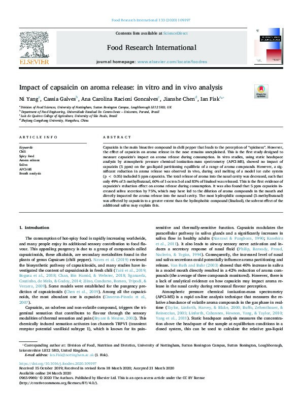 Impact of capsaicin on aroma release: in vitro and in vivo analysis Thumbnail