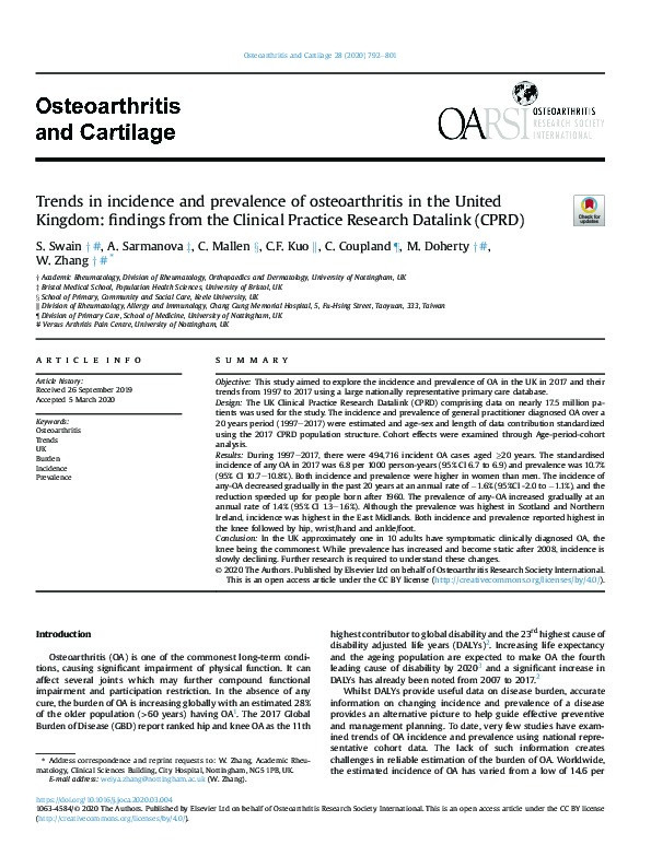 Trends in incidence and prevalence of osteoarthritis in the United Kingdom: findings from the Clinical Practice Research Datalink (CPRD) Thumbnail