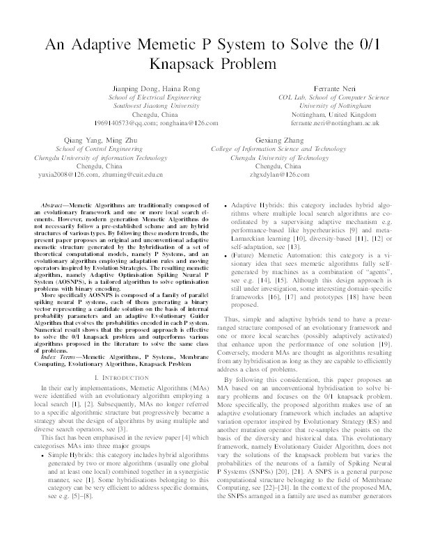 An Adaptive Memetic P System to Solve the 0/1 Knapsack Problem Thumbnail