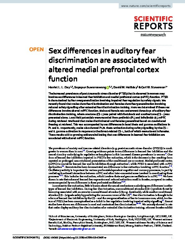 Sex differences in auditory fear discrimination are associated with altered medial prefrontal cortex function Thumbnail