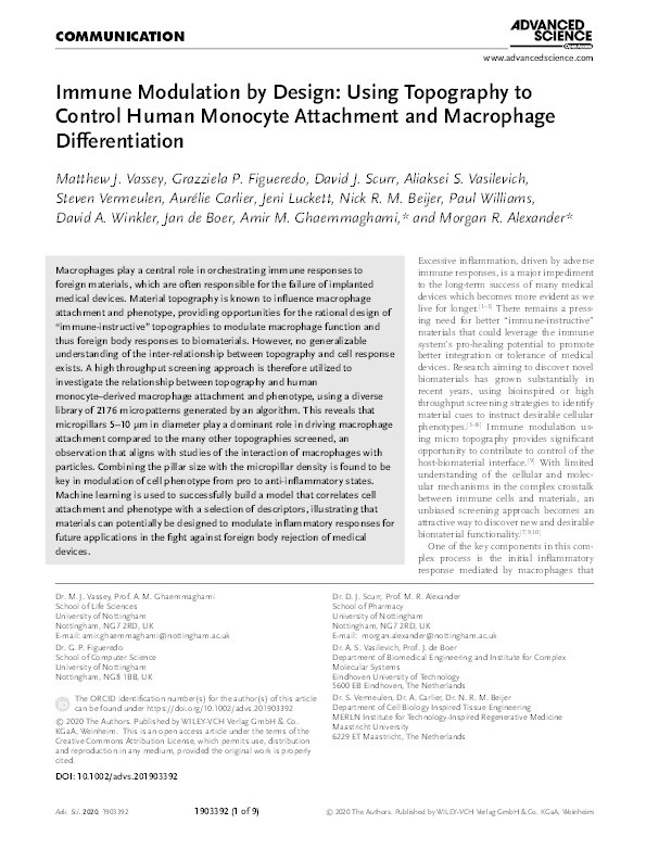 Immune Modulation by Design: Using Topography to Control Human Monocyte Attachment and Macrophage Differentiation Thumbnail