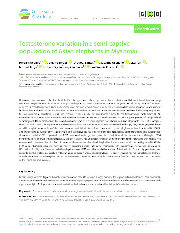 Testosterone variation in a semi-captive population of Asian elephants in Myanmar Thumbnail