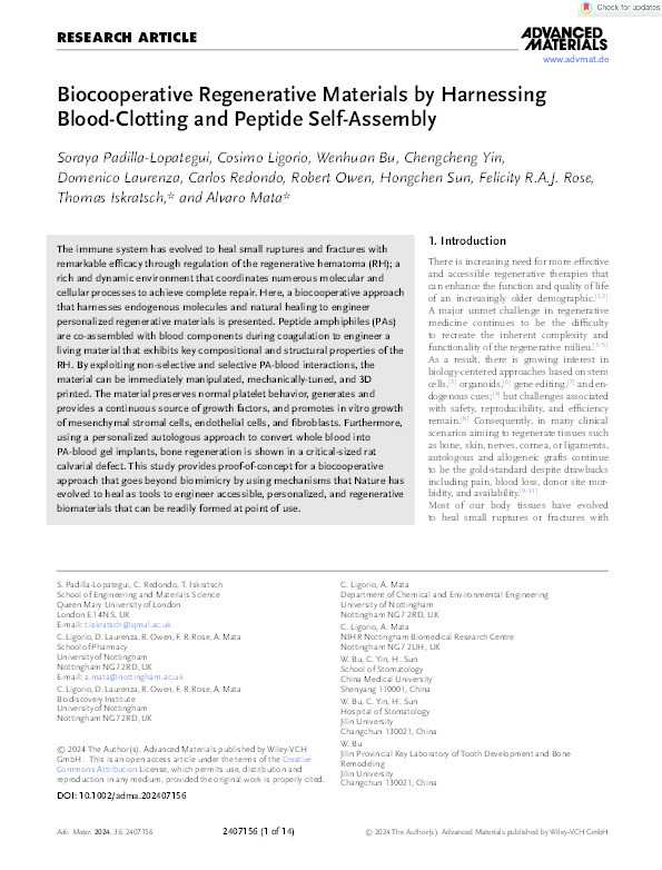 Biocooperative Regenerative Materials by Harnessing Blood-Clotting and Peptide Self-Assembly Thumbnail