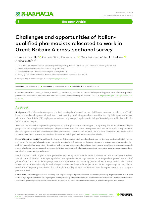 Challenges and opportunities of Italian-qualified pharmacists relocated to work in Great Britain: A cross-sectional survey Thumbnail