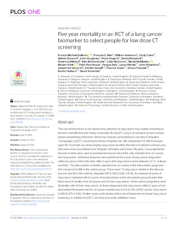 Five year mortality in an RCT of a lung cancer biomarker to select people for low dose CT screening Thumbnail