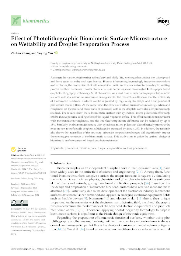 Effect of Photolithographic Biomimetic Surface Microstructure on Wettability and Droplet Evaporation Process Thumbnail