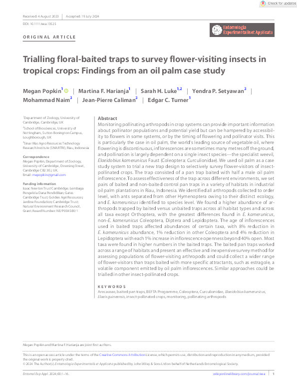 Trialling floral‐baited traps to survey flower‐visiting insects in tropical crops: Findings from an oil palm case study Thumbnail