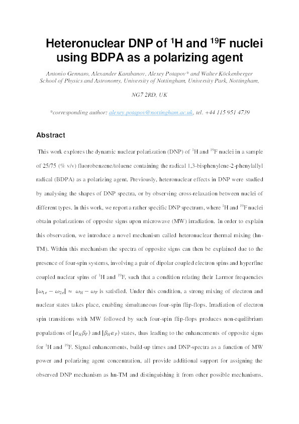 Heteronuclear DNP of 1H and 19F nuclei using BDPA as a polarizing agent Thumbnail