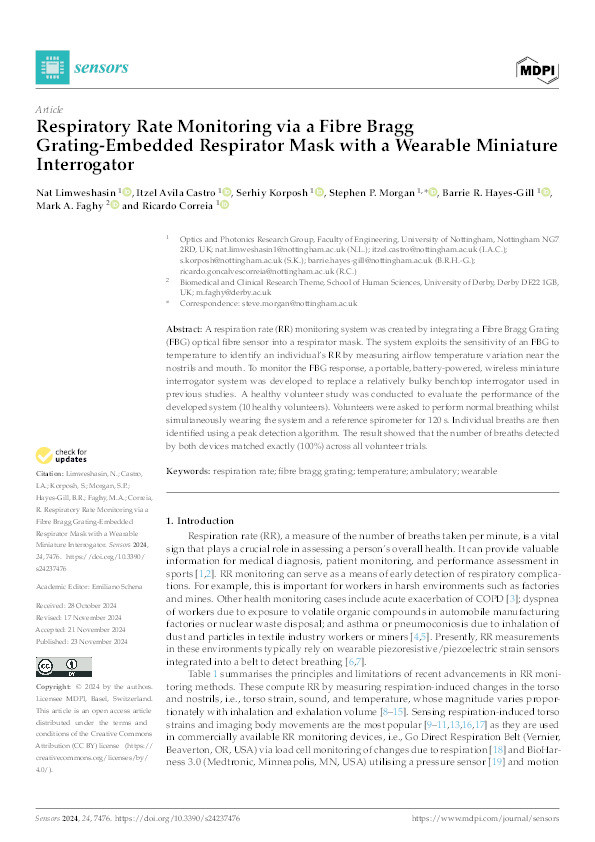 Respiratory Rate Monitoring via a Fibre Bragg Grating-Embedded Respirator Mask with a Wearable Miniature Interrogator Thumbnail