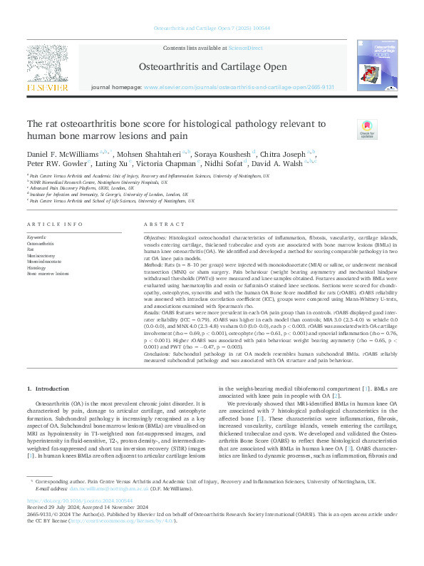 The rat osteoarthritis bone score for histological pathology relevant to human bone marrow lesions and pain Thumbnail