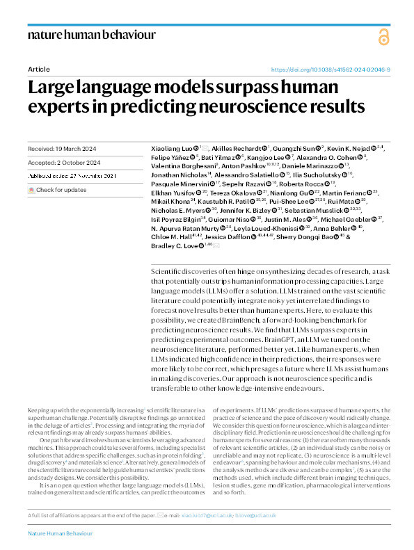 Large language models surpass human experts in predicting neuroscience results Thumbnail